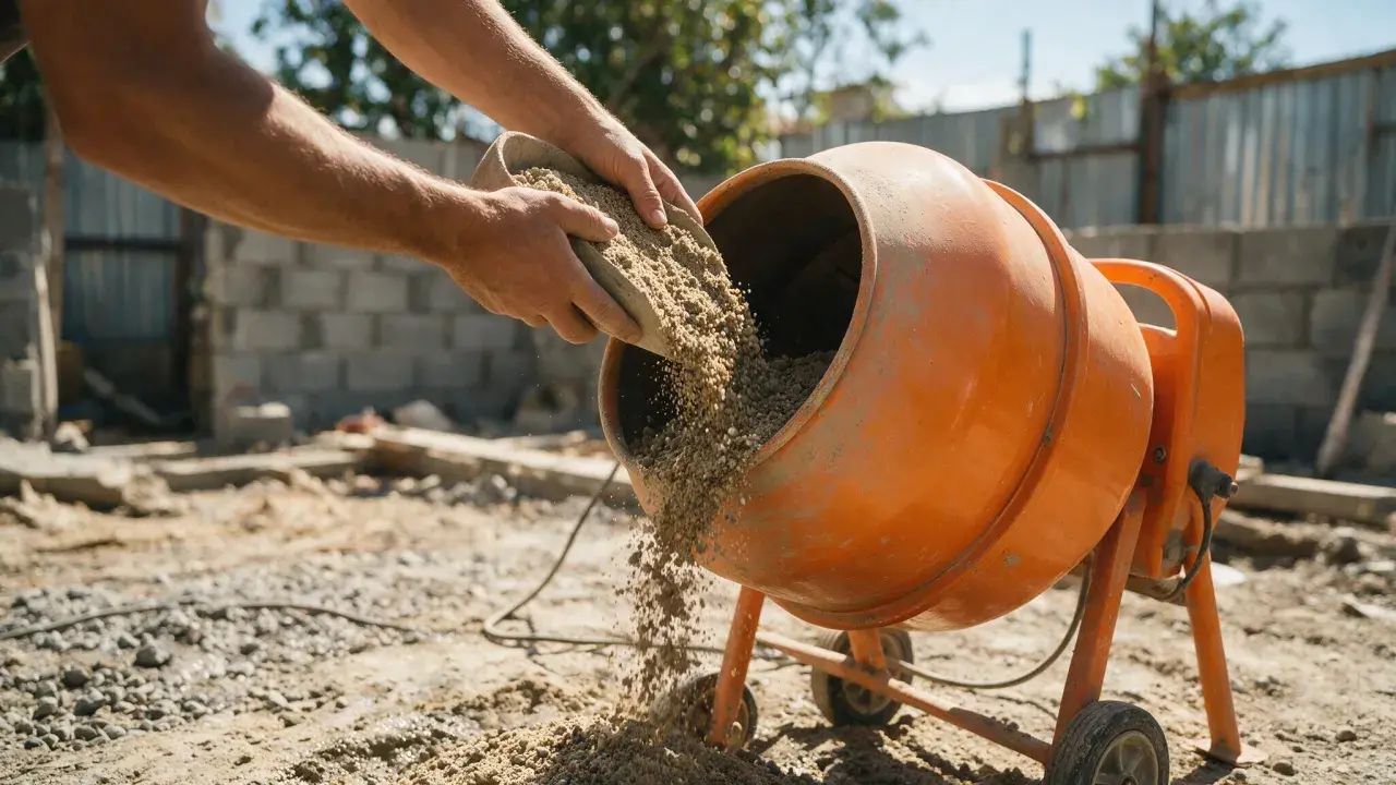 Man adding gravel to an orange cement mixer. The question of cuanto tarda en fraguar el hormigon es clave para la obra.