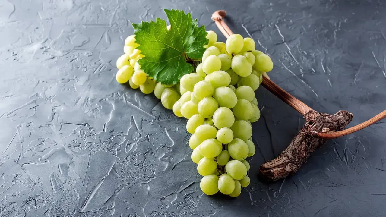 Grüne Trauben, die an einem Ast hängen, sind ein Beispiel für Chardonnay. Diese Rebsorte ist bekannt für ihre vielseitigen Weine.