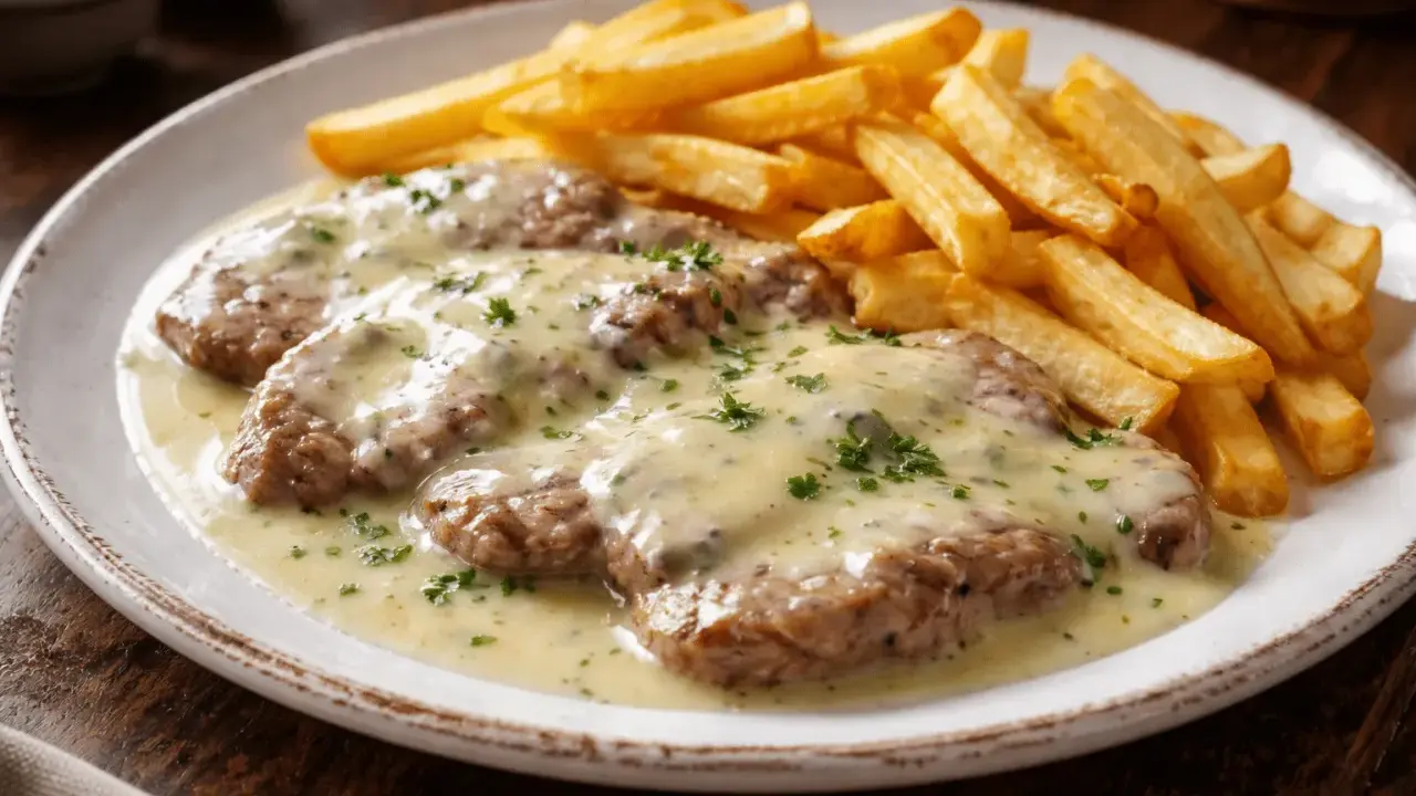 Tres escalopines al cabrales cubiertos de salsa cremosa y acompañados de patatas fritas doradas.