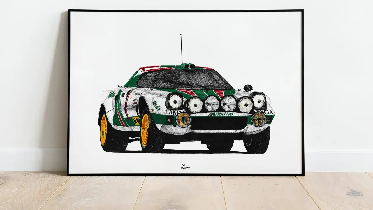 Rysunek kultowego Lancia Stratos w barwach Alitalii, gotowego do rajdu.