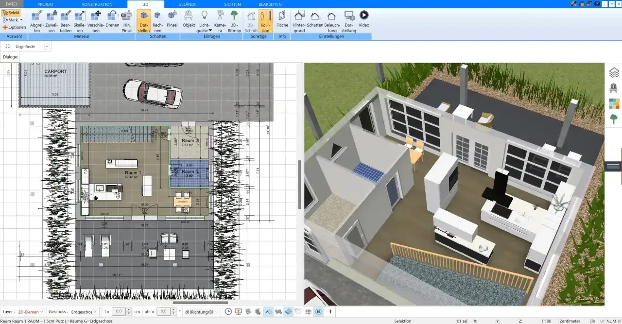 Grundriss einer Altbauwohnung mit Carport und 3D-Ansicht. Der Grundriss zeigt Räume, Maße und Möbel.