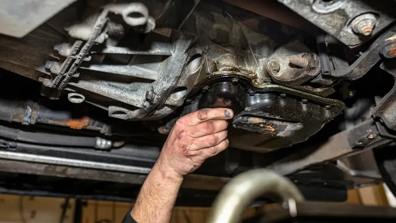 Ręka mechanika sprawdza wyciek z suchej miski olejowej.