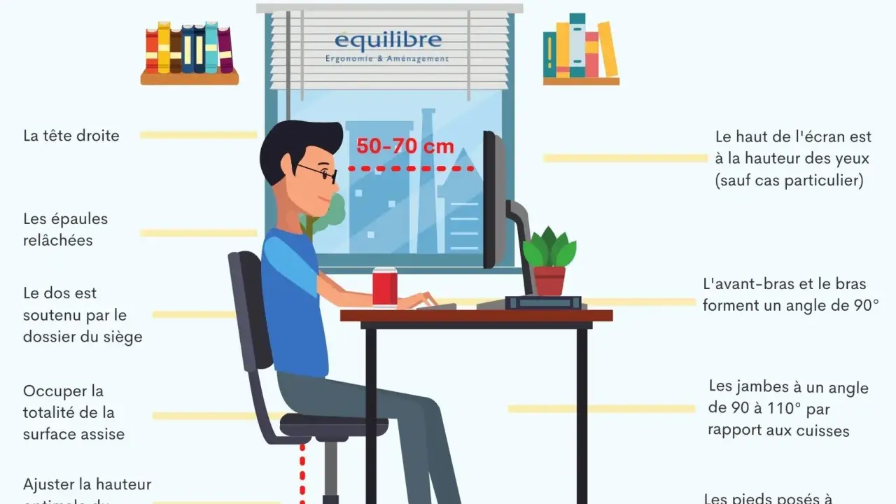 Illustration montrant les principes de l'ergonomie au bureau : posture, hauteur d'écran, position des bras, jambes et pieds pour un confort optimal.
