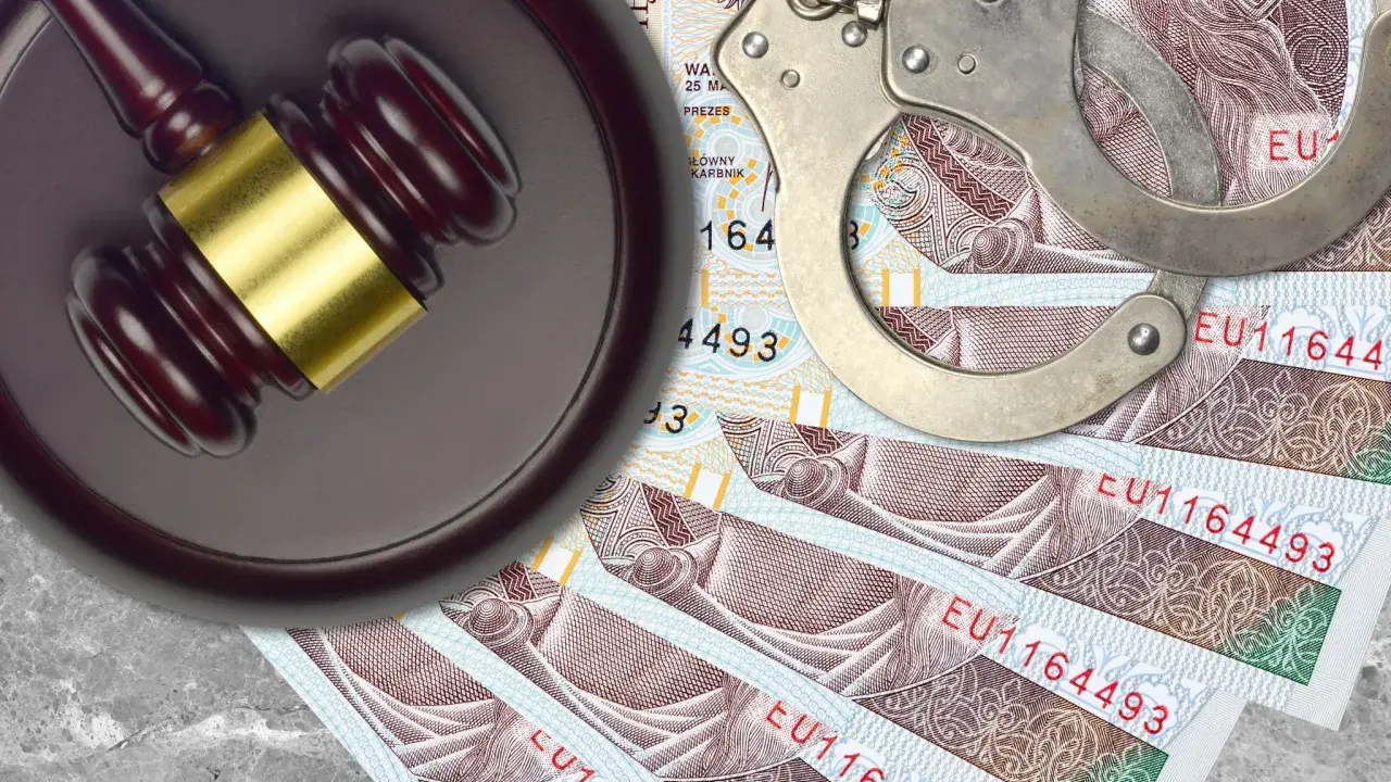 Młotek sędziowski, kajdanki i polskie banknoty na szarym tle.