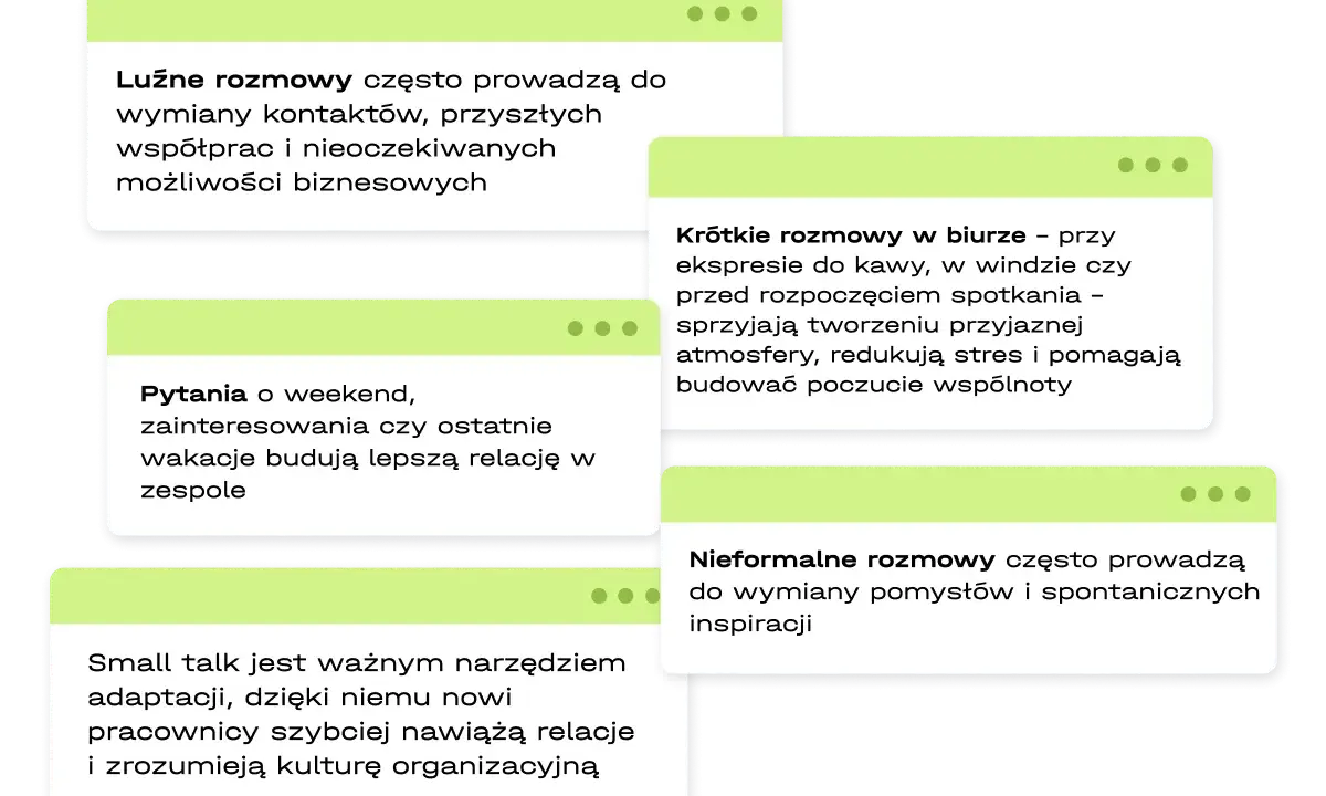 Luźne rozmowy, pytania o weekend i krótkie pogawędki przy kawie to small talk, który buduje relacje i sprzyja współpracy.