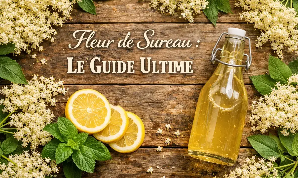 Fleurs de sureau : le guide ultime. Découvrez les bienfaits de cette plante aux multiples vertus, avec une bouteille de sirop, des citrons et de la menthe.