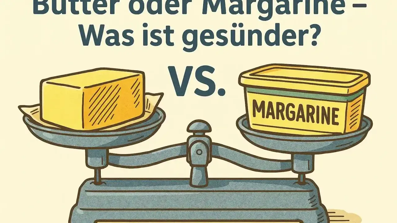 Eine Waage vergleicht einen Block Butter mit einer Margarine-Packung. Die Frage: Butter oder Margarine – was ist gesünder?