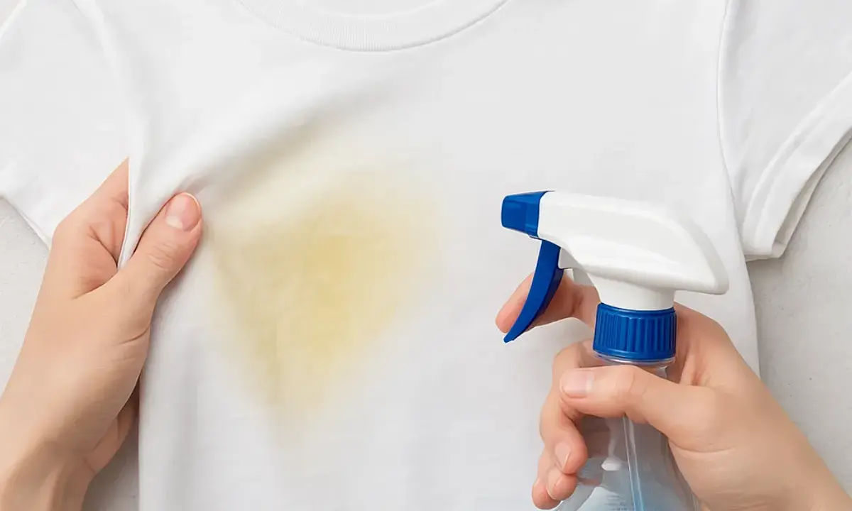 Manos aplicando spray a una mancha amarilla en camiseta blanca. Aprende como quitar boli de la ropa con este método.