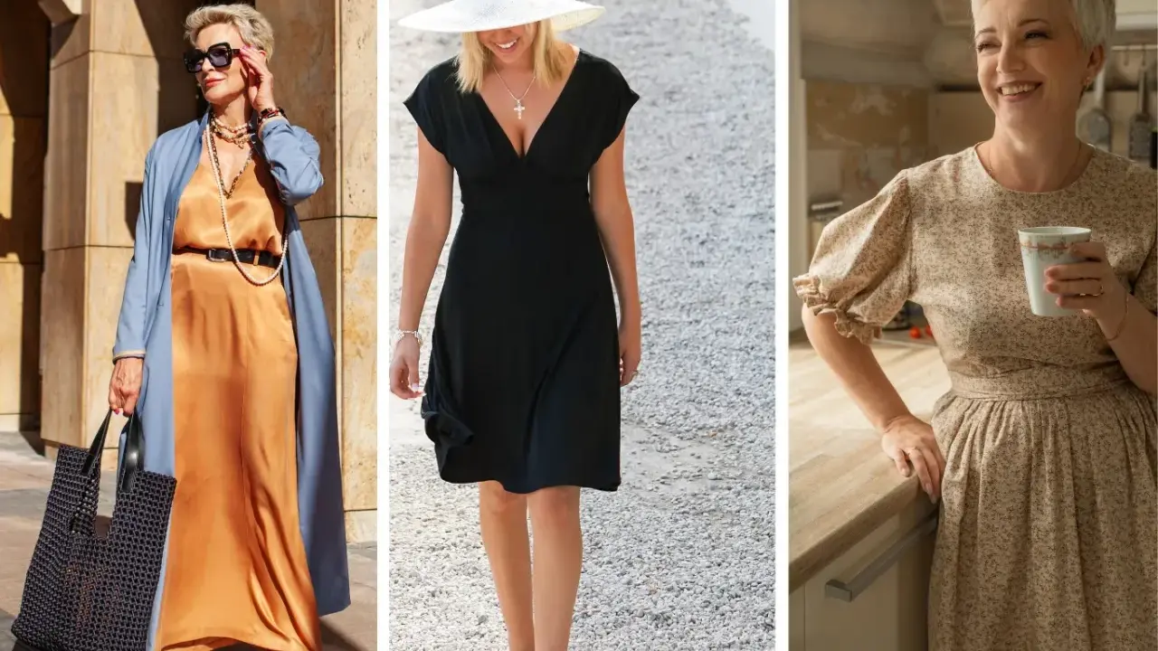 Eleganckie kroje sukienek: satynowa maxi, mała czarna i kwiecista midi.