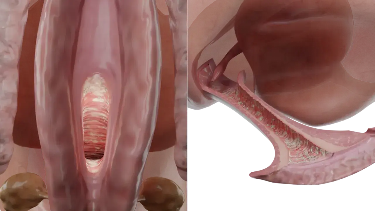 Vista 3D del canal vaginal con aspecto blanquecino y rugoso, indicativo de síntomas de candidiasis vaginal.