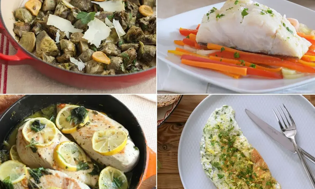 Cuatro platos deliciosos y comidas fáciles de hacer: alcachofas, pescado con verduras, pollo al limón y tortilla.