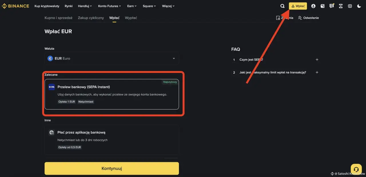 Wpłata EUR na Binance przez SEPA Instant. Prowizja 1 EUR. Podobnie jak w Revolut, można kupić kryptowaluty.