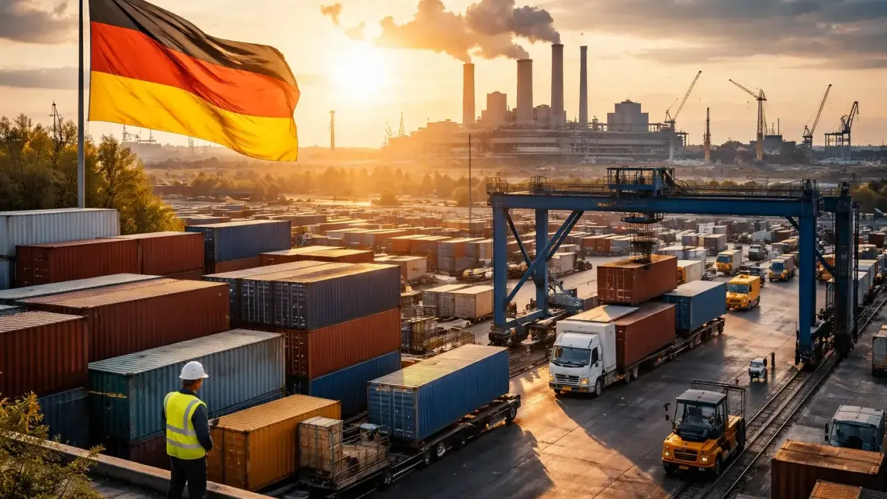 Niemiecka gospodarka w pełnym rozkwicie: port pełen kontenerów, ciężarówki i dźwigi pod flagą Niemiec, w tle elektrownia.