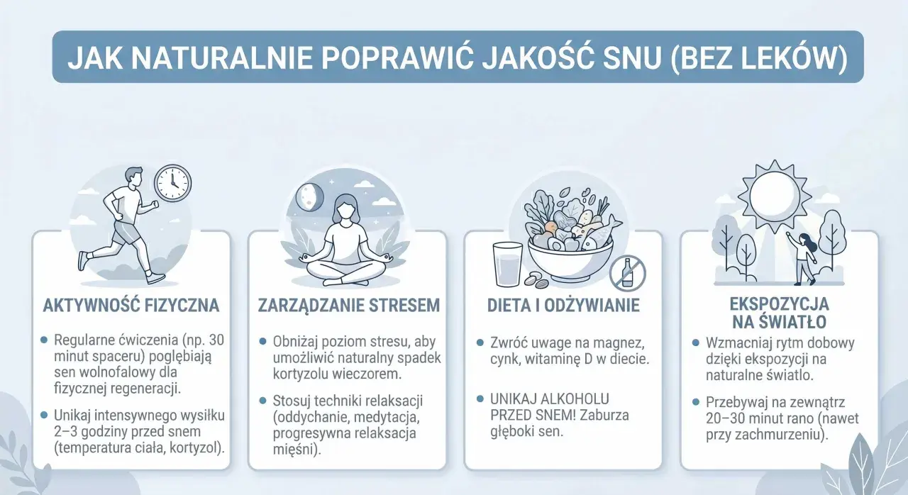 Jak poprawić jakość snu: aktywność fizyczna, zarządzanie stresem, dieta i ekspozycja na światło.