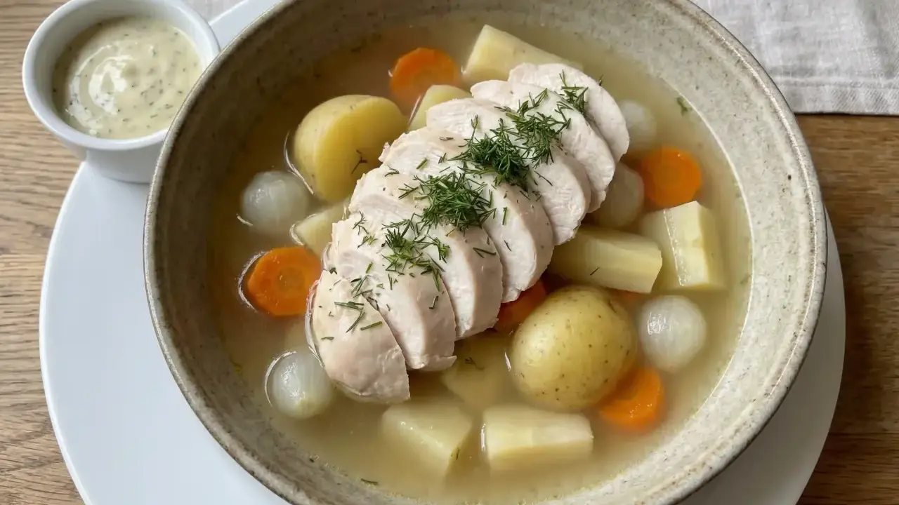 Varm kycklingsoppa med potatis, morötter och lök. Perfekt kycklingfile innertemp. Serveras med en krämig sås.