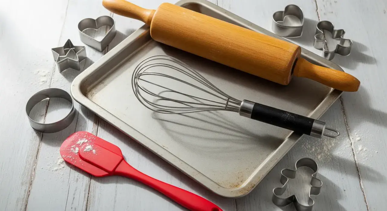 Utensilios de repostería: rodillo, batidor, espátula y varios tipos de moldes para galletas (corazón, estrella, hombrecito, círculo).