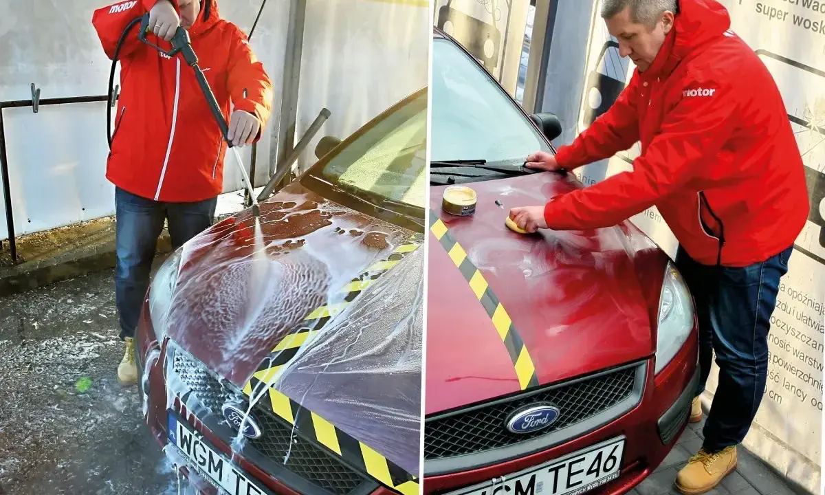 Mężczyzna myje auto myjką ciśnieniową, a potem nakłada wosk. Czy po woskowaniu płukać auto? To pytanie zadaje sobie wielu kierowców.