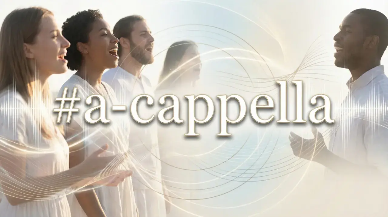 Grupa ludzi śpiewa w harmonii, tworząc piękny śpiew bez akompaniamentu. Słowa "#a-cappella" unoszą się w powietrzu.