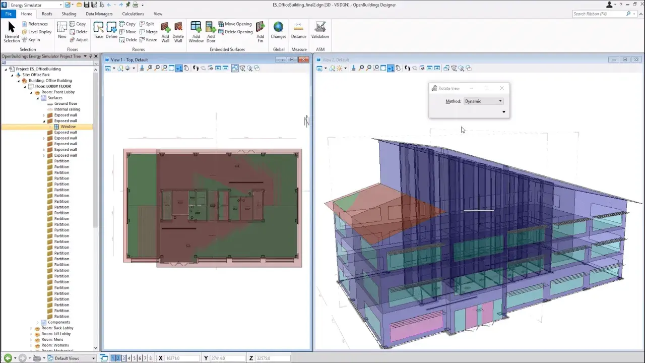 Interfaz de software para diseño de edificios, mostrando un modelo 3D y planos. Se observan herramientas BIM para la creación y modificación de elementos arquitectónicos.