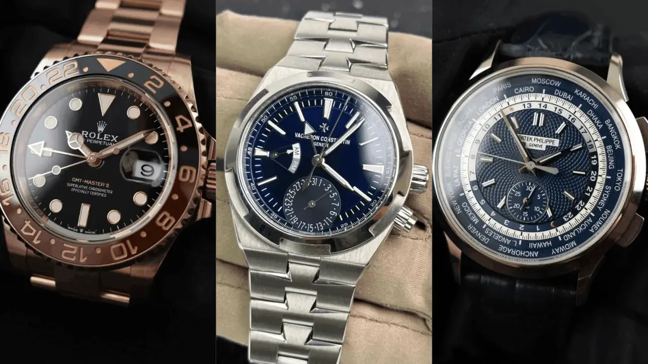 Tre orologi di lusso: Rolex GMT-Master II, Vacheron Constantin e Patek Philippe con complicazioni per fusi orari, mostrando il significato di GMT.