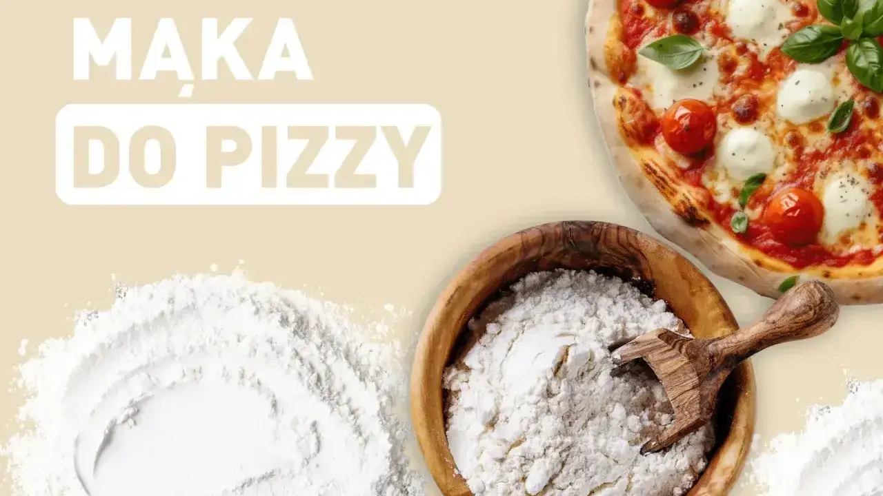 Idealna mąka do pizzy: świeża, biała mąka w drewnianej misce obok pysznej Margherity.