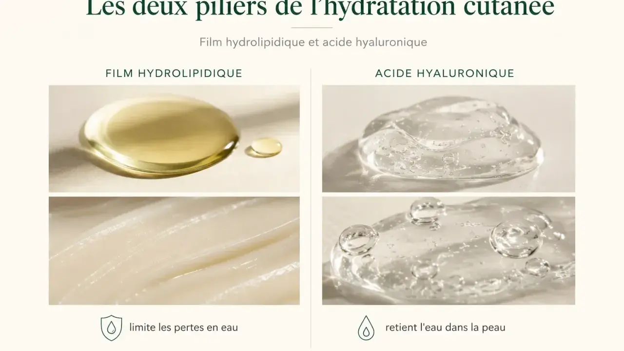 Gouttes d'huile et de gel transparent, dont l'acide hyaluronique, illustrant l'hydratation cutanée.