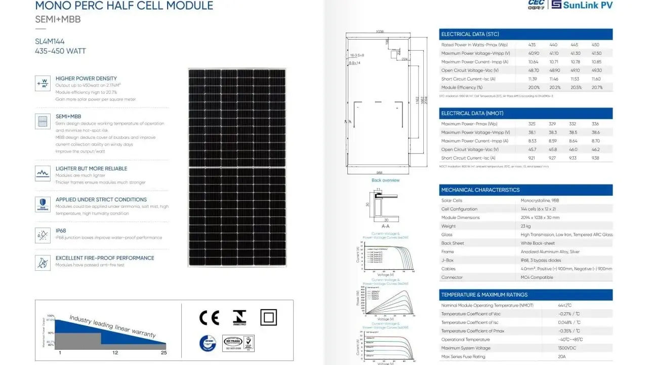 Panneau solaire mono PERC half cell, avec tableau de données techniques et caractéristiques mécaniques.