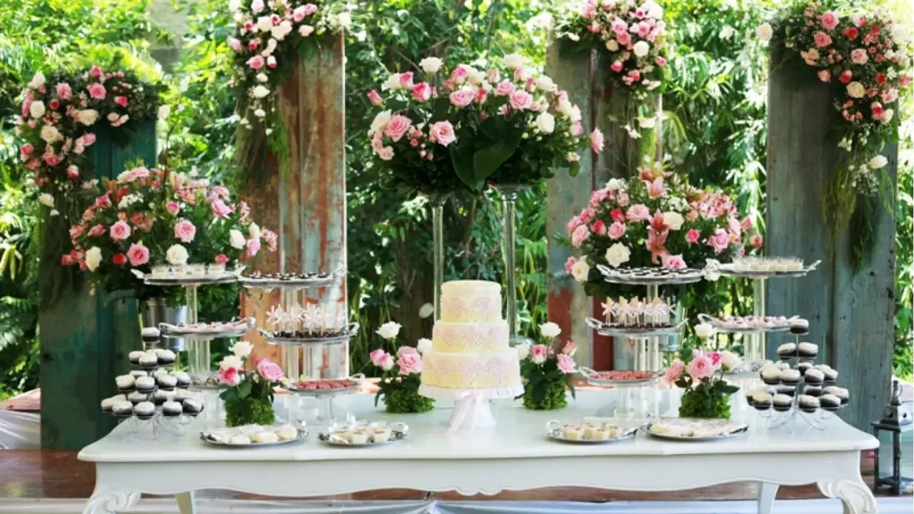 Mesa de dulces con pastel de tres pisos, cupcakes y postres variados, decorada con abundantes flores rosas y blancas. Ideal para hacer flores de golosinas.
