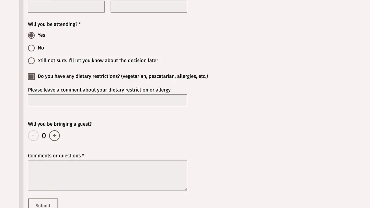 Formularz RSVP: prosimy o potwierdzenie przybycia do dnia. Podaj imię, nazwisko, wybierz obecność, zaznacz ograniczenia dietetyczne i liczbę gości.