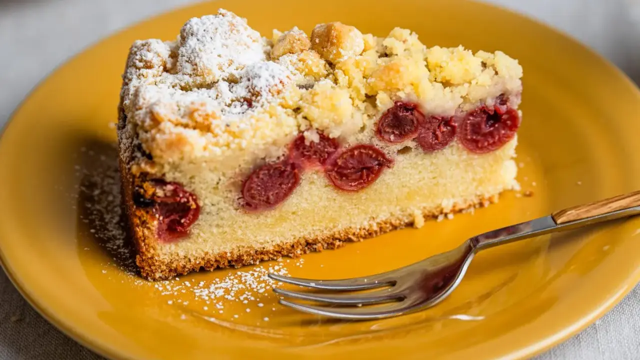 Ein saftiger Kirschkuchen aus der Springform, bestäubt mit Puderzucker und Streuseln, auf einem gelben Teller mit einer Gabel.
