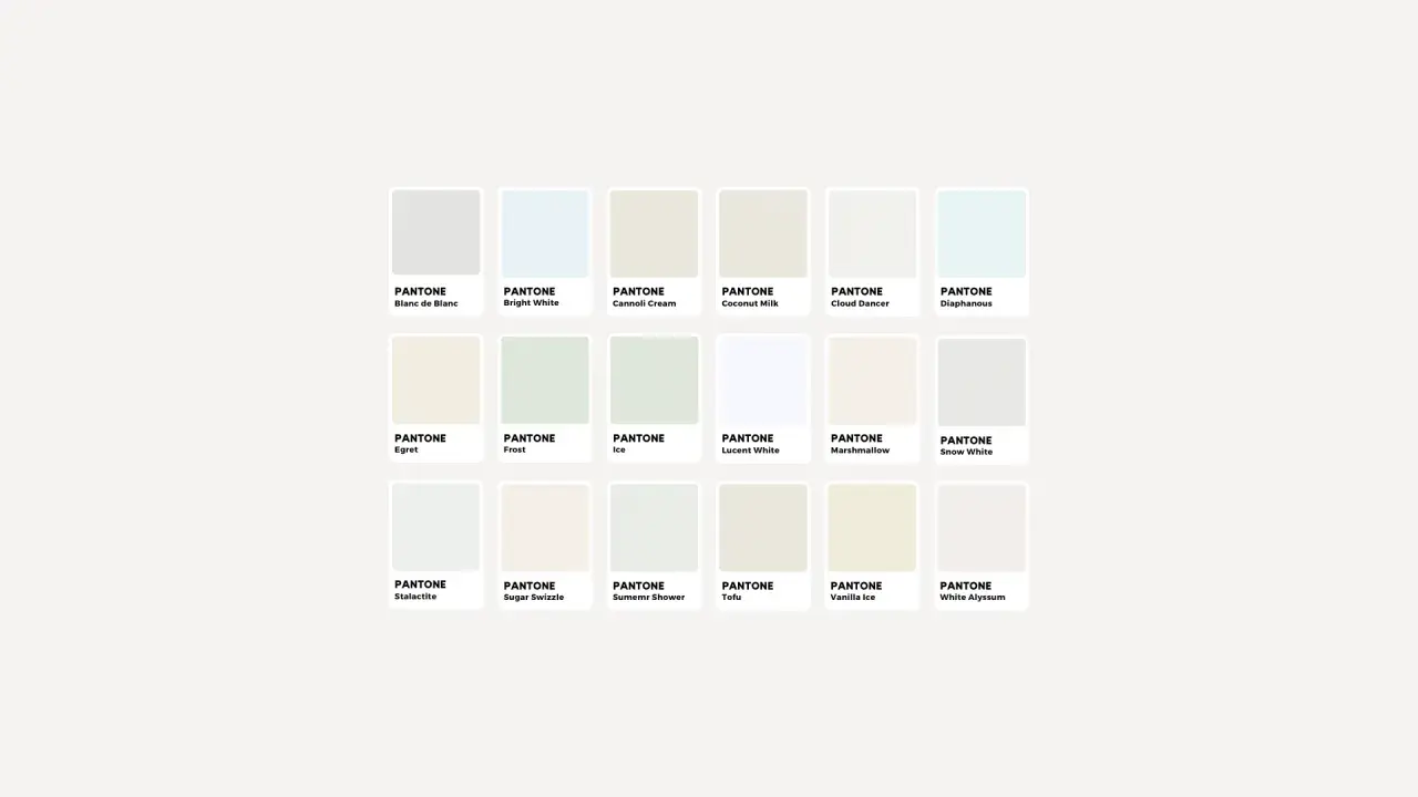 Palette di tonalità bianco caldo: Blanc de Blanc, Egret, Marshmallow, Vanilla Ice e altre sfumature delicate.