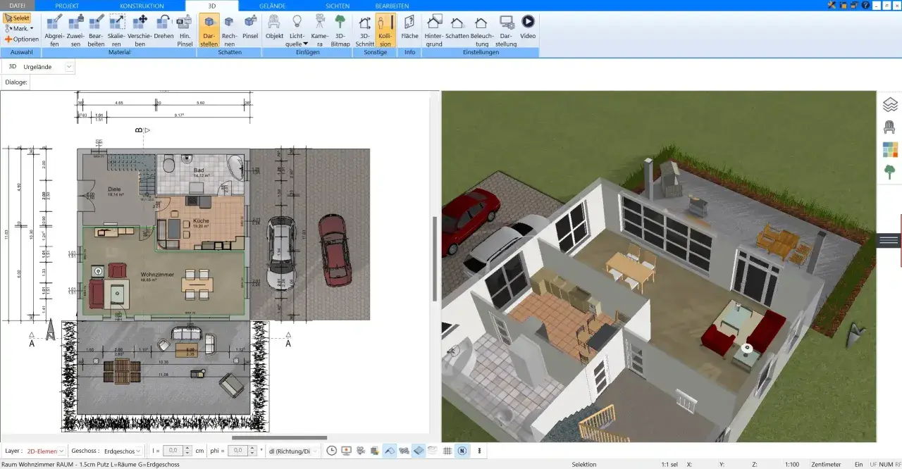Grundriss und 3D-Ansicht eines modernen Hauses, das die Prinzipien eines Niedrigenergiehaus Definition erfüllt.