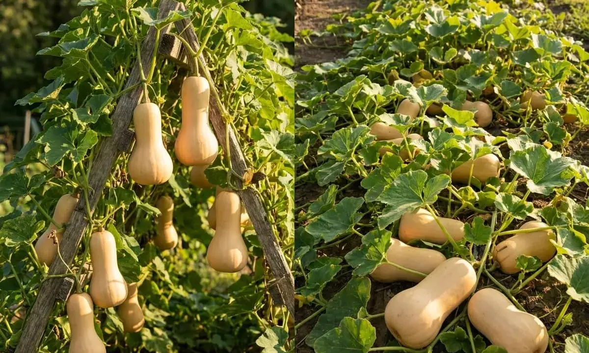Un plant de butternut prospère, avec des courges suspendues à une structure en bois et d'autres reposant sur le sol, prêtes pour la récolte.