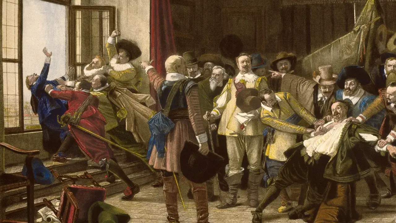 Der Prager Fenstersturz 1618: Männer werden aus einem Fenster gestoßen, ein dramatischer Moment der Geschichte.