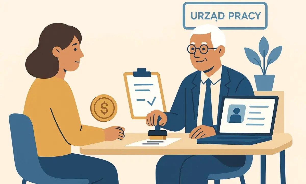 Urzędnik pieczętuje dokumenty, by pomóc kobiecie dowiedzieć się, jak się zwolnić żeby dostać zasiłek dla bezrobotnych.