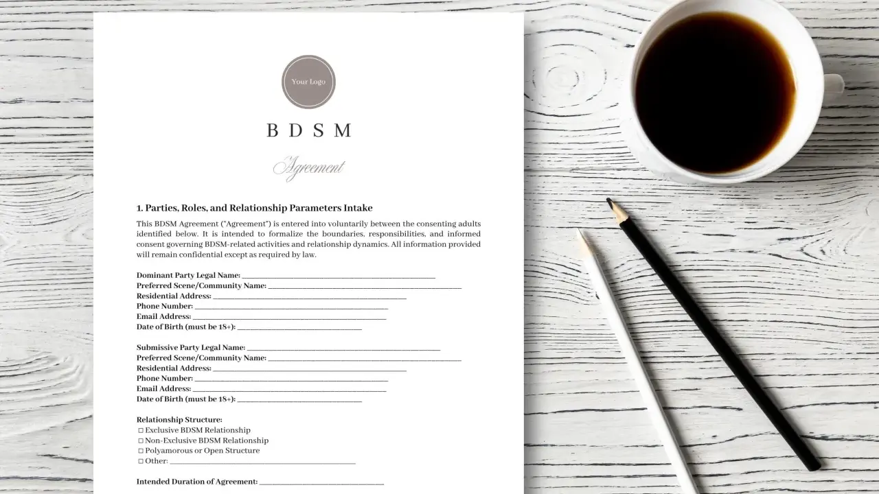 Formularz BDSM Agreement, określający role i parametry relacji. Dokument zawiera pola do wpisania danych obu stron, preferencji i struktury związku.