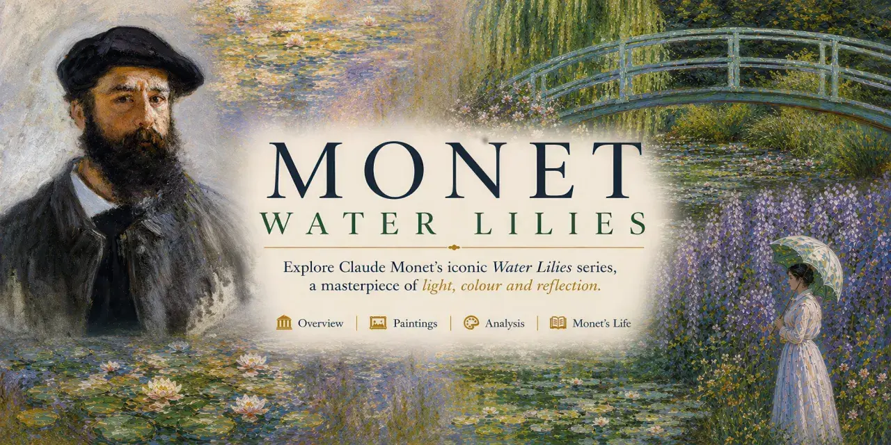 Claude Monet's "le bassin aux nymphéas" (water lily pond) is explored, featuring the artist's portrait, a Japanese bridge, and a woman with an umbrella amidst wisteria.