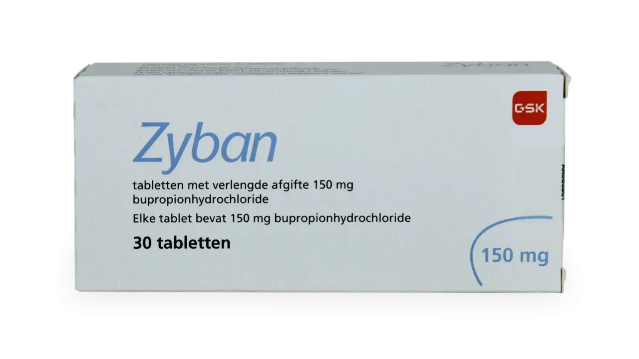 Zyban-Tablettenbox, 30 Stück, 150 mg. Ein Hilfsmittel gegen Rauchen, das Bupropionhydrochlorid enthält.