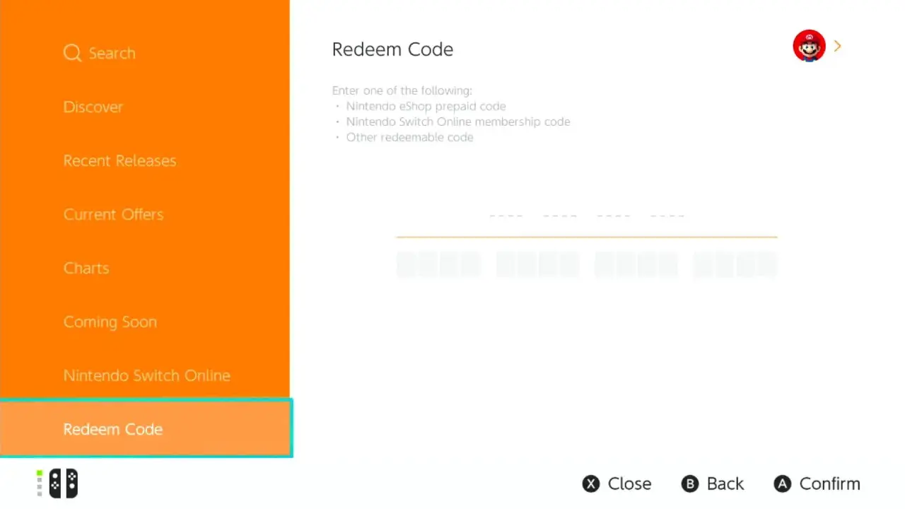 Ekran Nintendo Switch z opcją "Redeem Code" (Zrealizuj kod). Można tu wpisać kod Nintendo eShop, członkostwa Nintendo Switch Online lub inny.