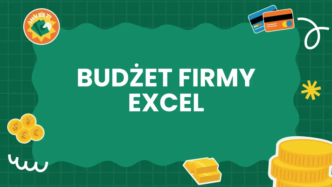 Budżet firmy w Excelu: analiza danych statystycznych. Grafika z ikonami pieniędzy, kart kredytowych i sztabek złota.
