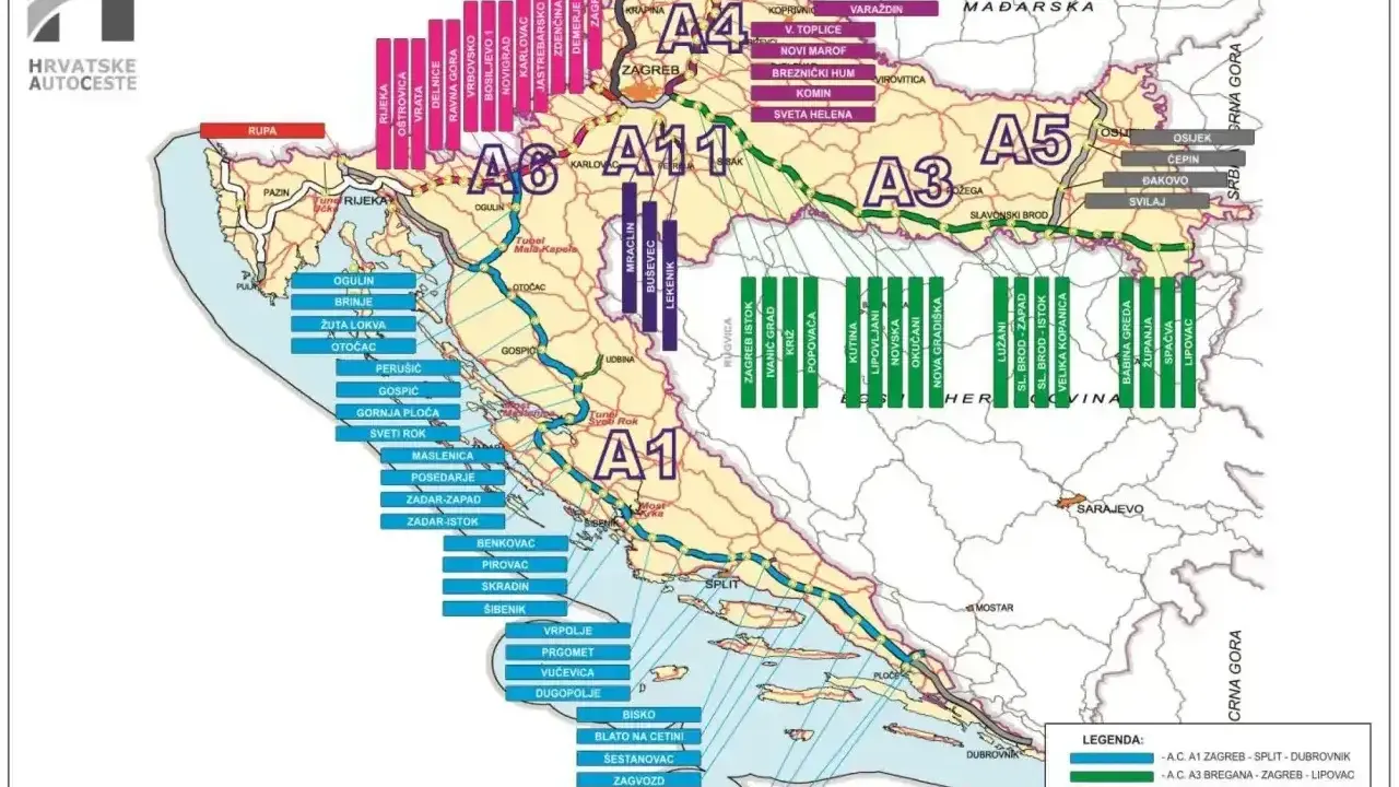 Mapa chorwackich autostrad z zaznaczonymi odcinkami i miastami. Kluczowe informacje o chorwackich opłatach drogowych.