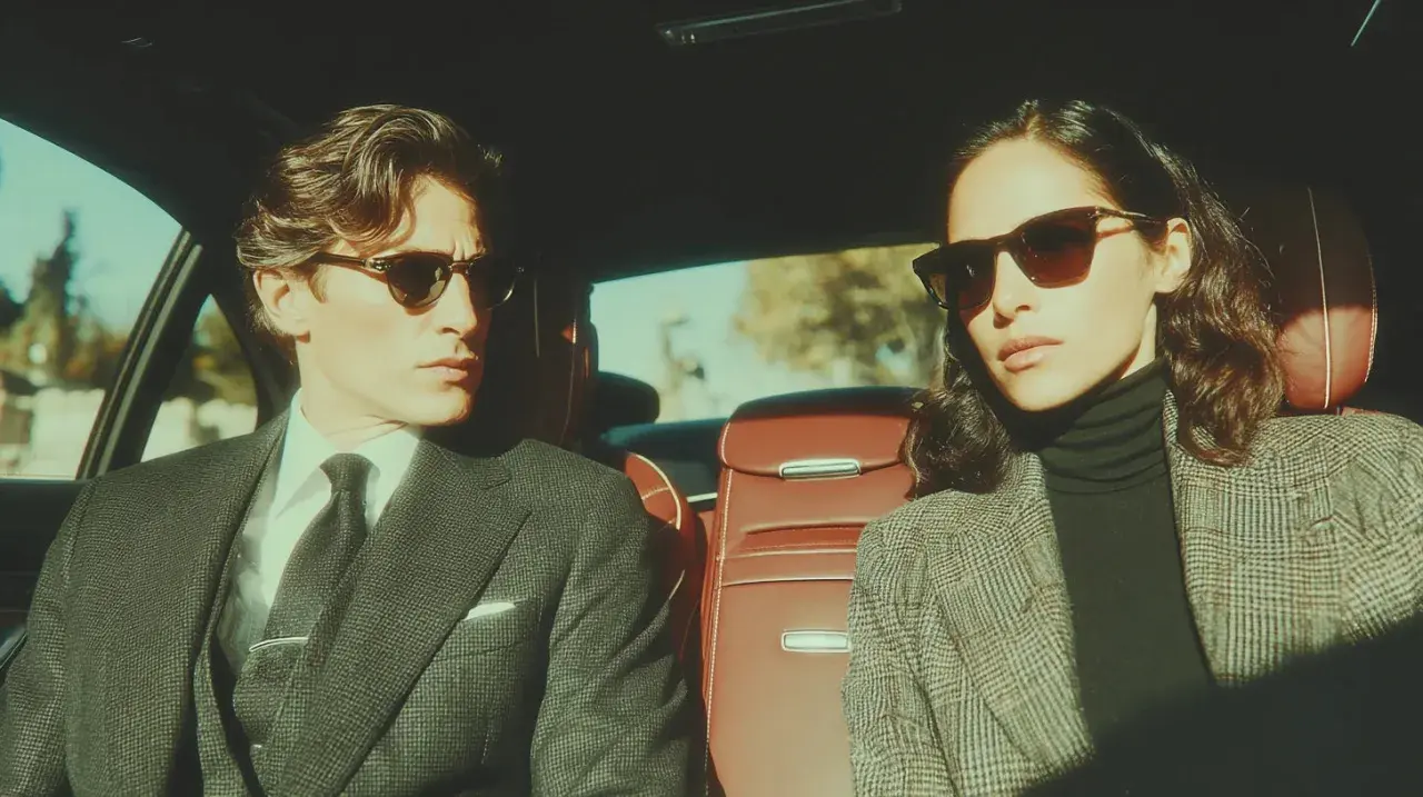 Coppia elegante in auto, lui con completo gessato e cravatta, lei con blazer a quadri. Un'idea per un outfit matrimonio inverno pantaloni chic.
