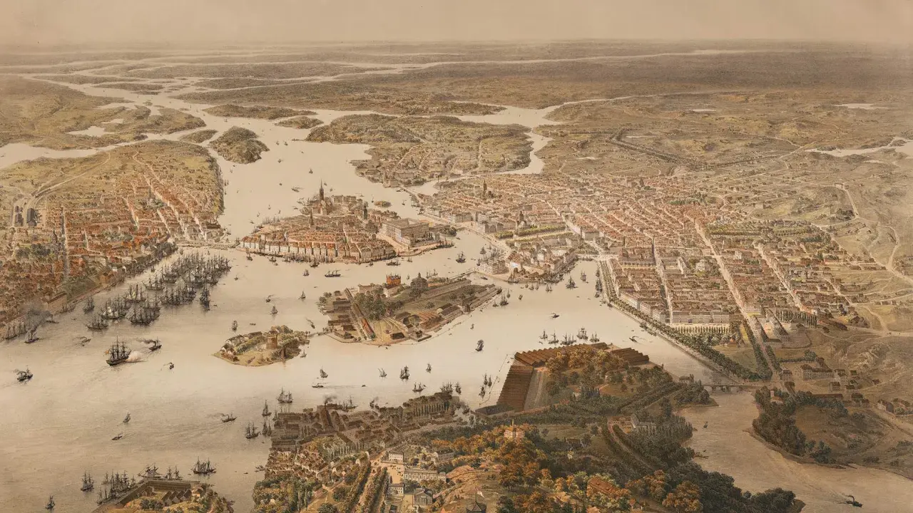 Vy över Stockholm med många fartyg i hamnen, en vy som ger en känsla av stockholms historia och stadens utveckling genom tiderna.