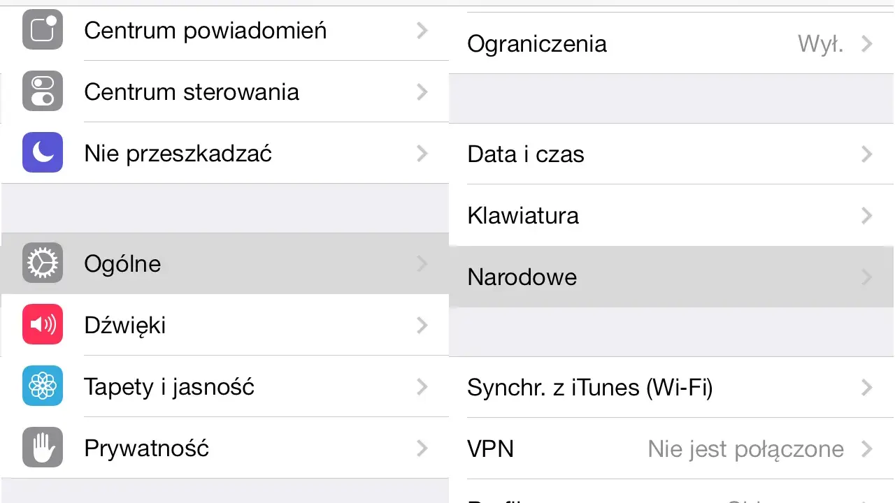 Ekran ustawień iPhone'a, gdzie można znaleźć opcję "Ogólne", by dowiedzieć się, jak zmienić język w iPhone.
