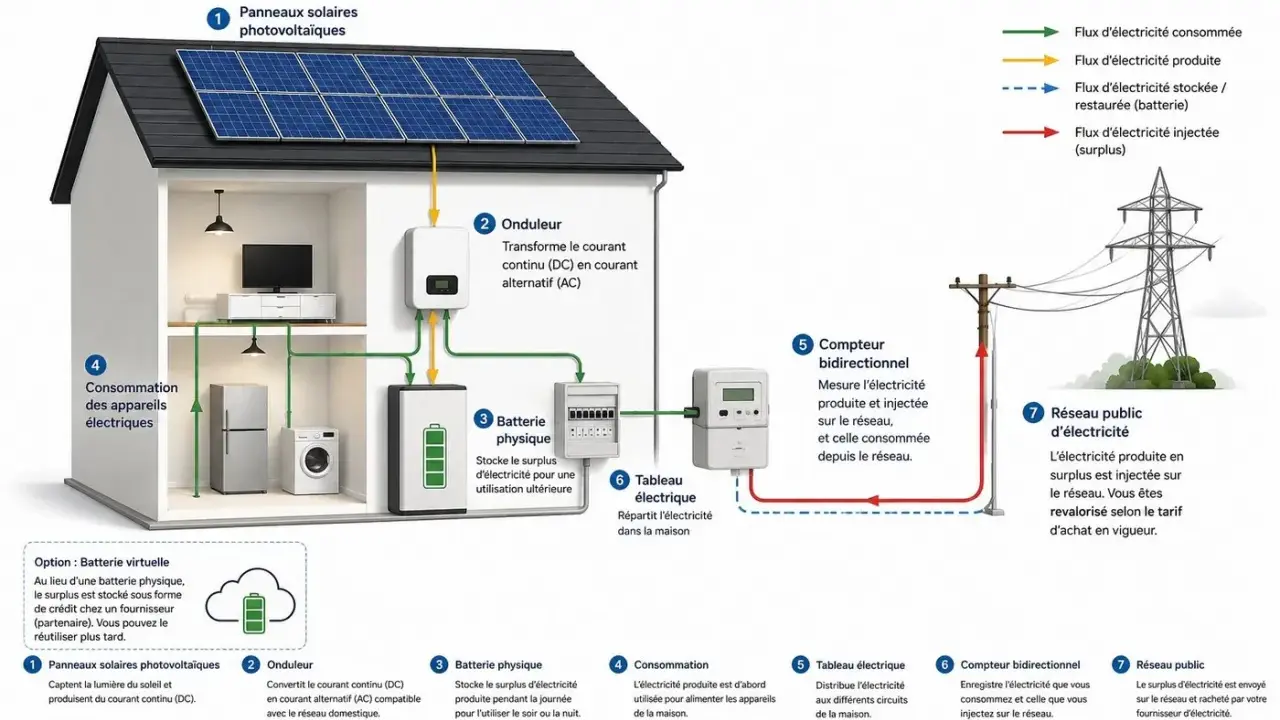 Maison avec panneaux solaires, onduleur, batterie physique et option de batterie virtuelle. Le surplus d'électricité est stocké ou injecté sur le réseau.