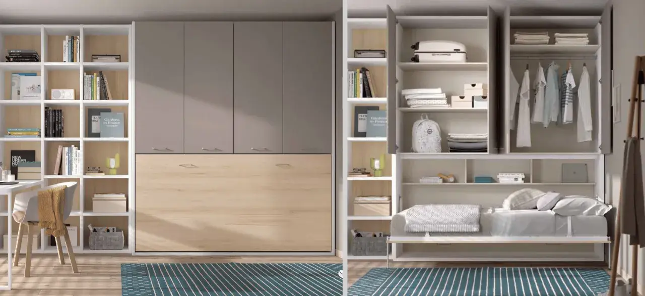 Armario con cama abatible vertical, estanterías y espacio para colgar ropa. Ideal para optimizar espacios.
