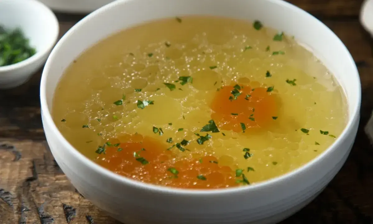 Aromaticzny rosół z perliczki, bogaty w smaku, z kawałkami marchewki i posypany natką pietruszki. Idealny na chłodne dni.