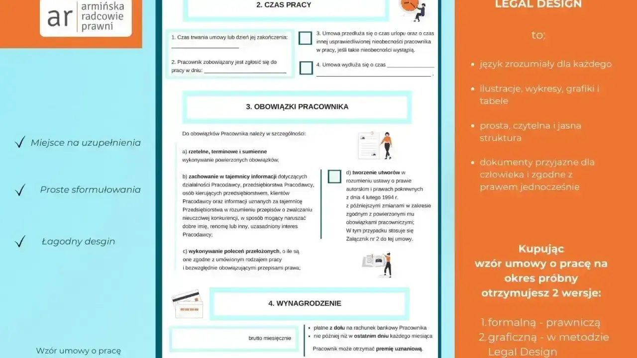 Wzór umowy o pracę z emerytem, wersja graficzna Legal Design. Proste sformułowania i przejrzysta struktura dokumentu.