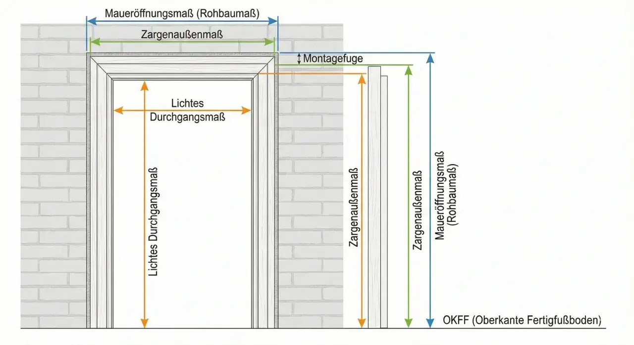 Maße einer Türzarge nach DIN 18100: Maueröffnungsmaß, Zargenaußenmaß, lichte Durchgangsmaße und Montagefuge sind dargestellt.