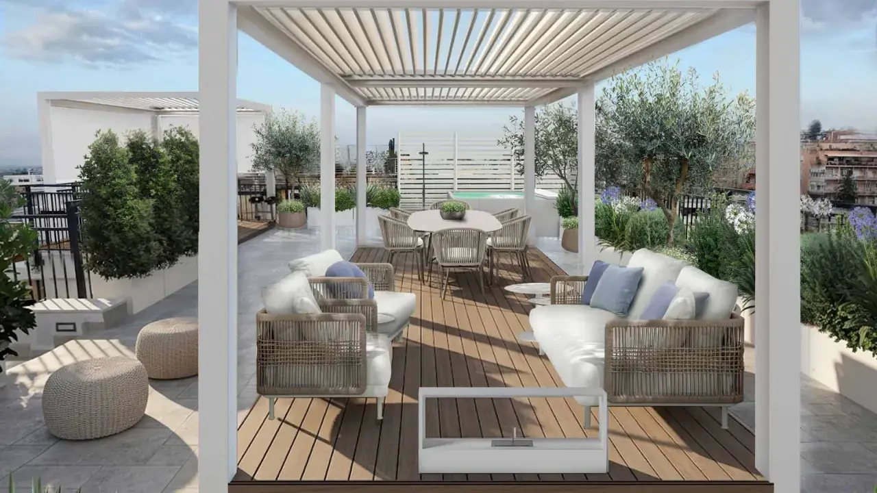 Progetto terrazzo attico con arredi moderni, divani, tavolo da pranzo e vasca idromassaggio sotto una pergola bioclimatica.